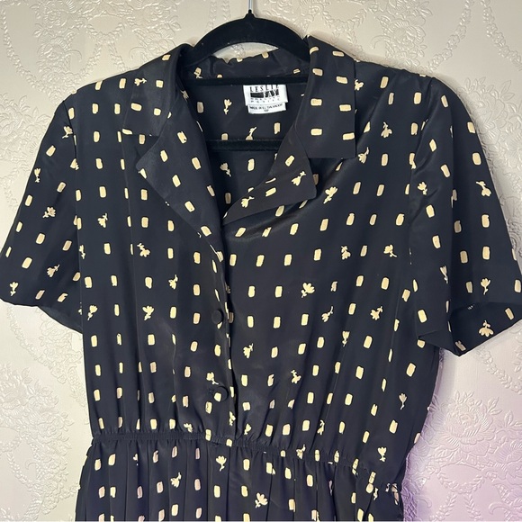 Black and Gold Patterned Dress vintage Leslie Fay Petite 10 - Picture 2 of 7